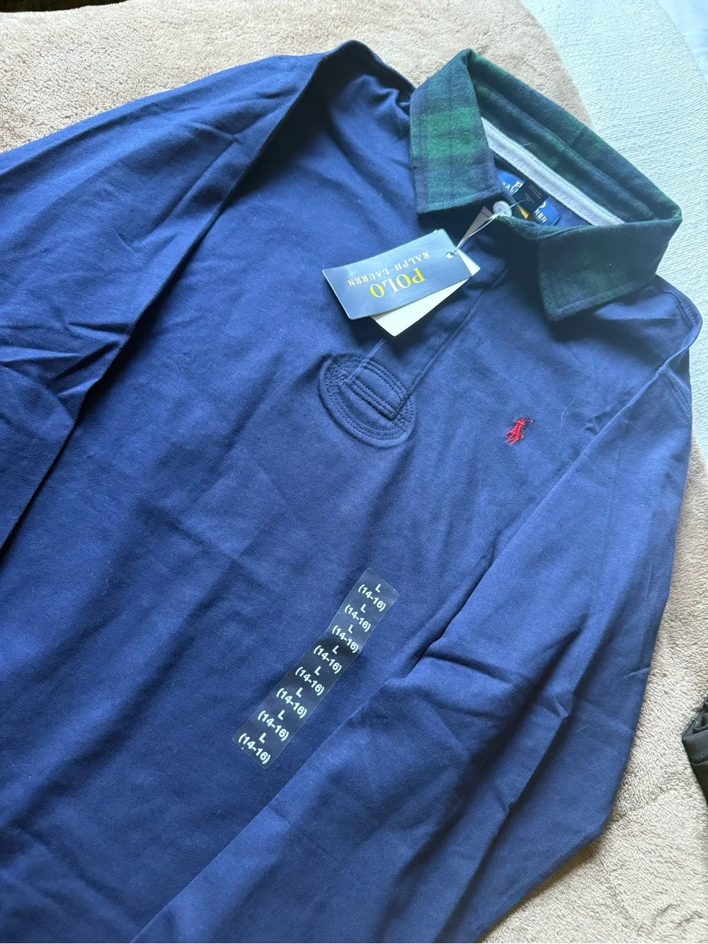 Ralph Lauren Navy Rugby Shirt with Green Plaid Collar and Red Pony